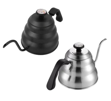 Black and silver stainless steel gooseneck pour over kettles with built-in thermometers from Eighteen Grams, side by side